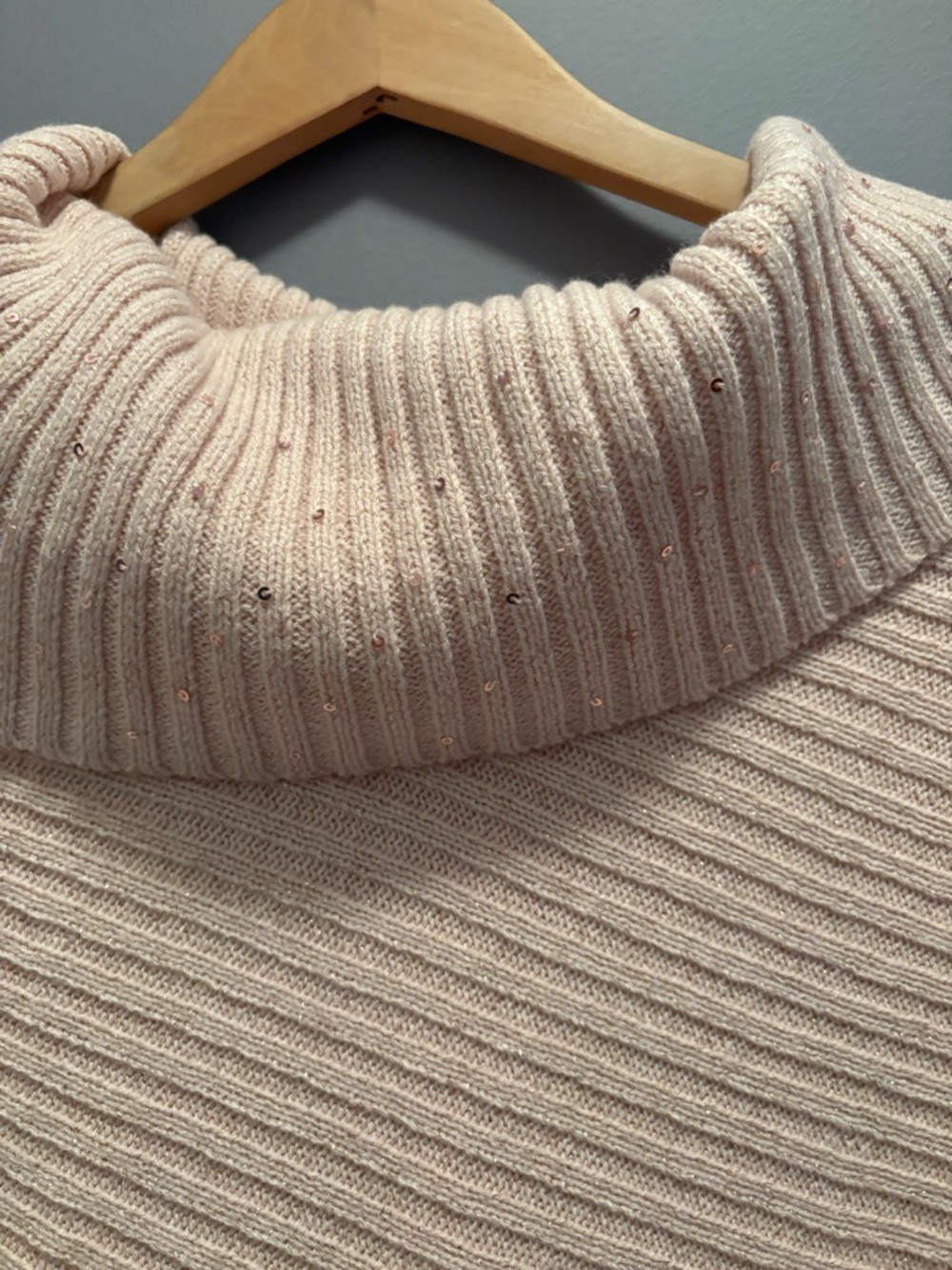New York & Company Ribbed Cowl Neck Sweater Pink with Gold embellishment - Picture 2 of 8